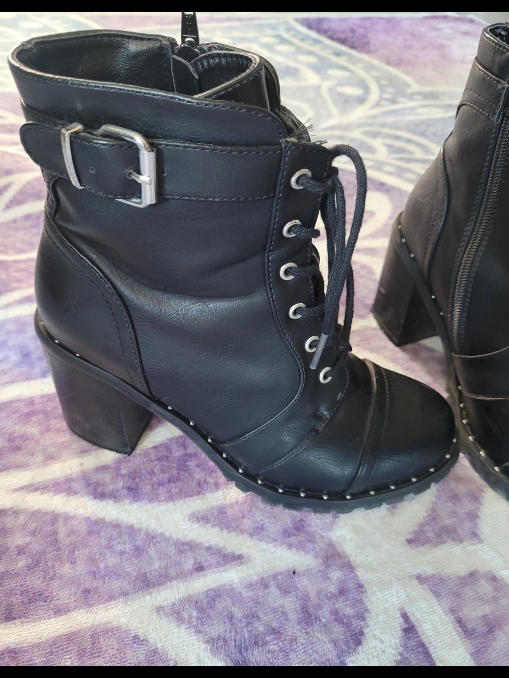 Diba Black Lace-Up Ankle Boots with Buckle & Stud Trim - Picture 2 of 6